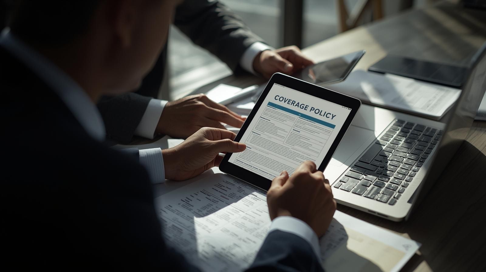 Two professionals in suits review a 