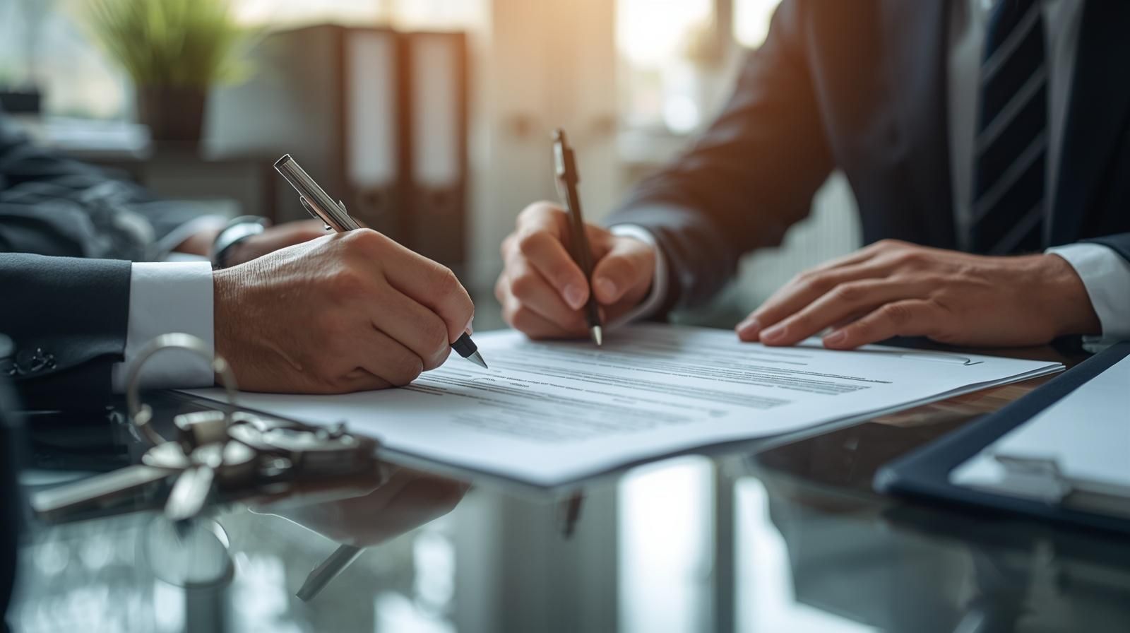 Two people in suits sign a document on a glass desk in an office setting.