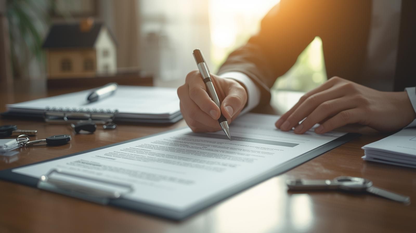 A person in a suit signs a real estate document at a desk with a small house model and keys.