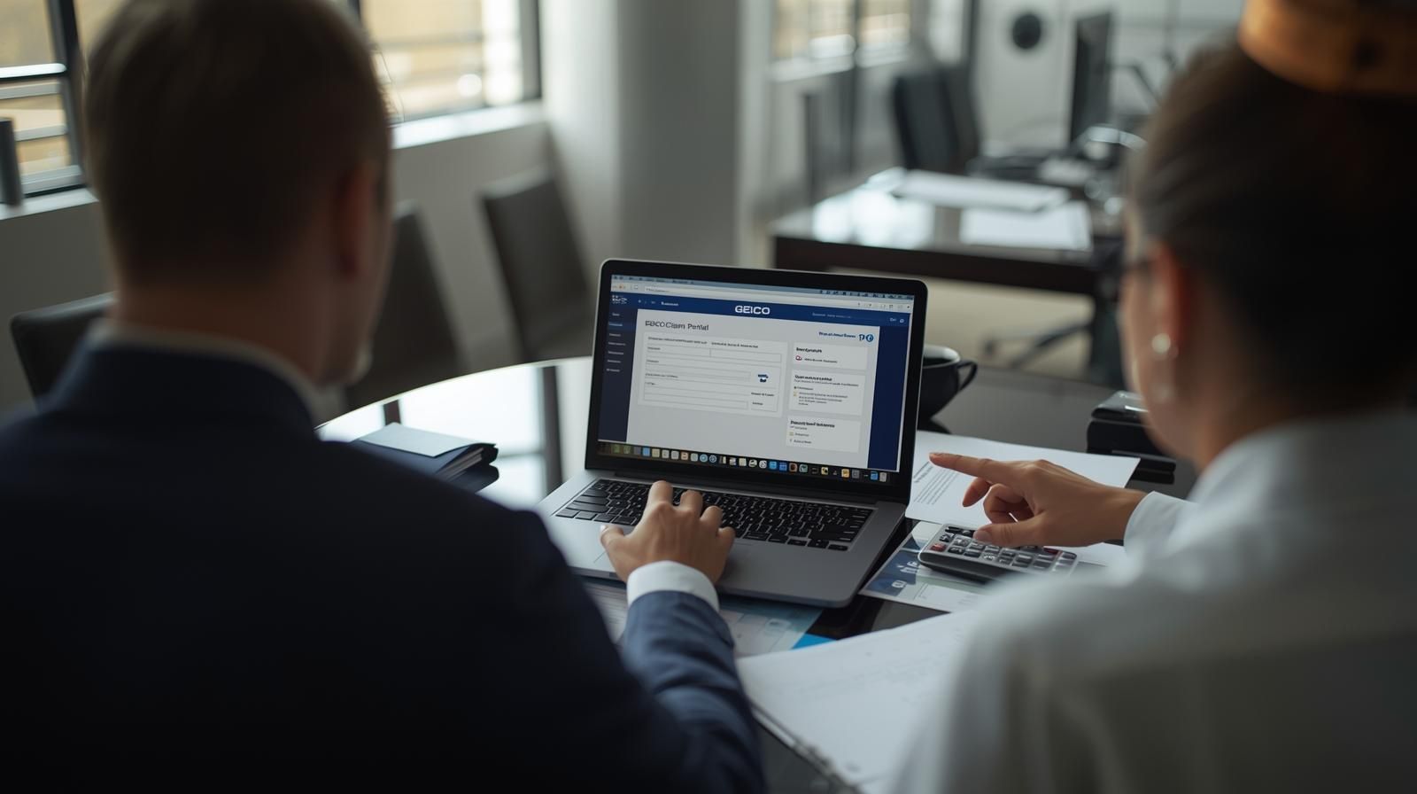 Two professionals sit at a round table, collaborating on a laptop display in a bright, modern office setting.