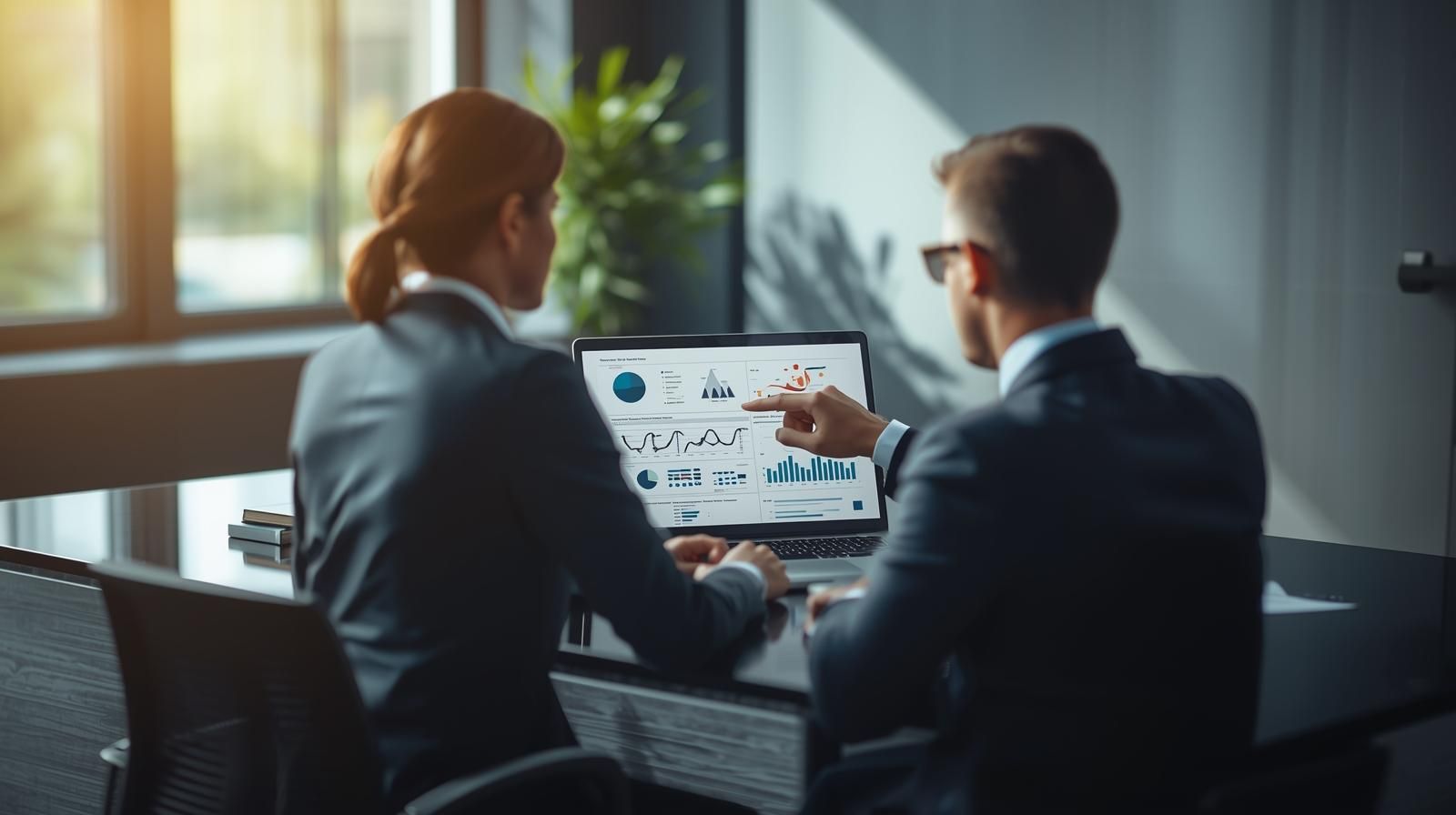 Two professionals in suits reviewing data charts on a laptop screen in a sunlit office.