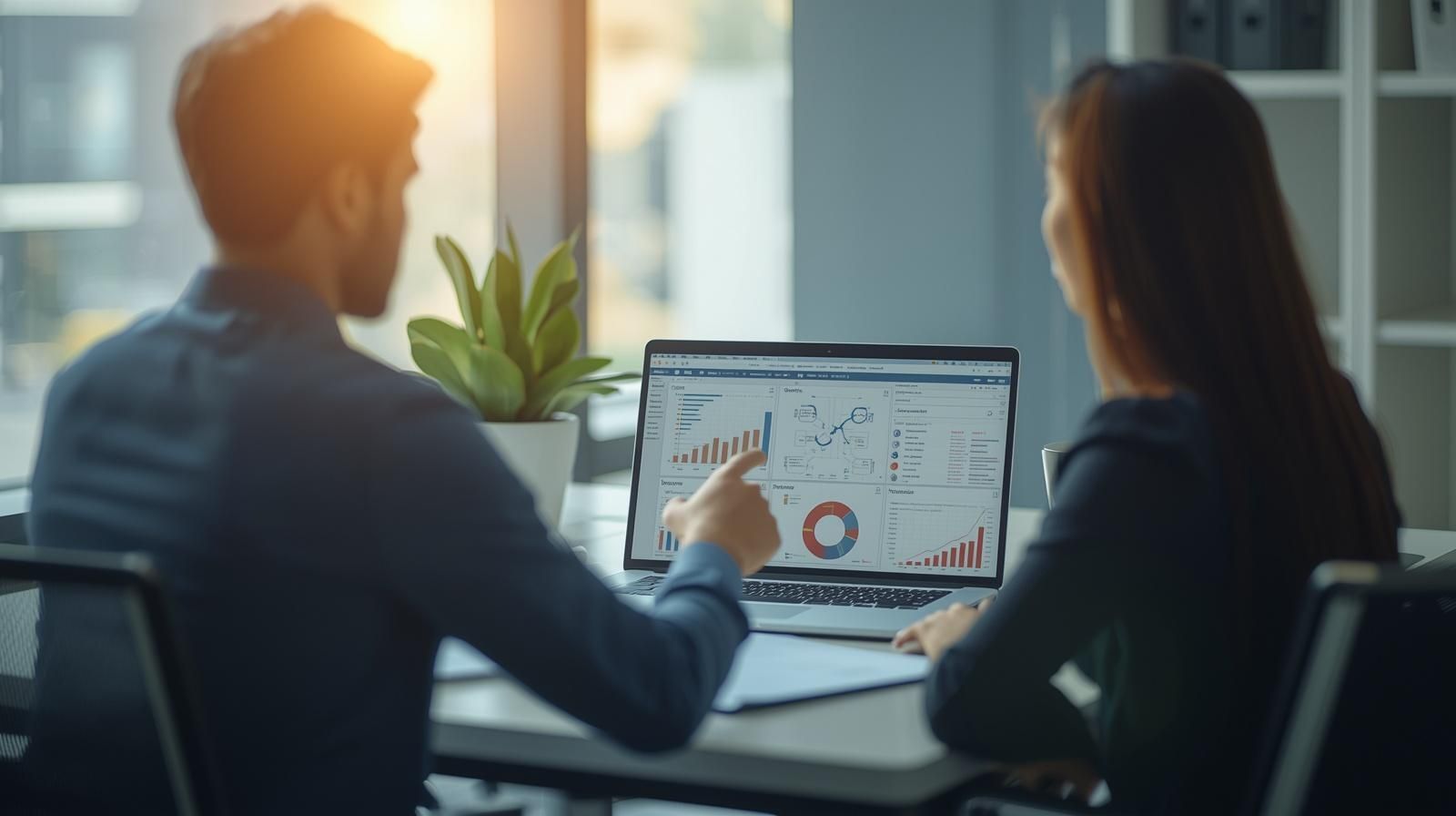 Two colleagues in a bright office review business charts and data on a laptop screen.