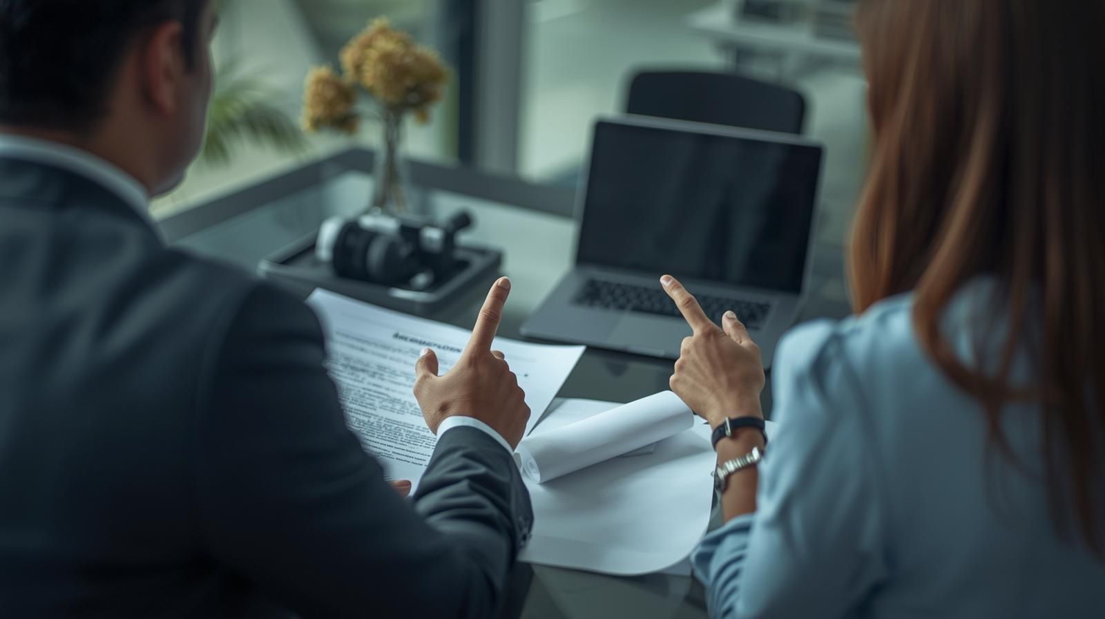 Two people in professional attire review digital and paper documents on a table in a brightly lit office.