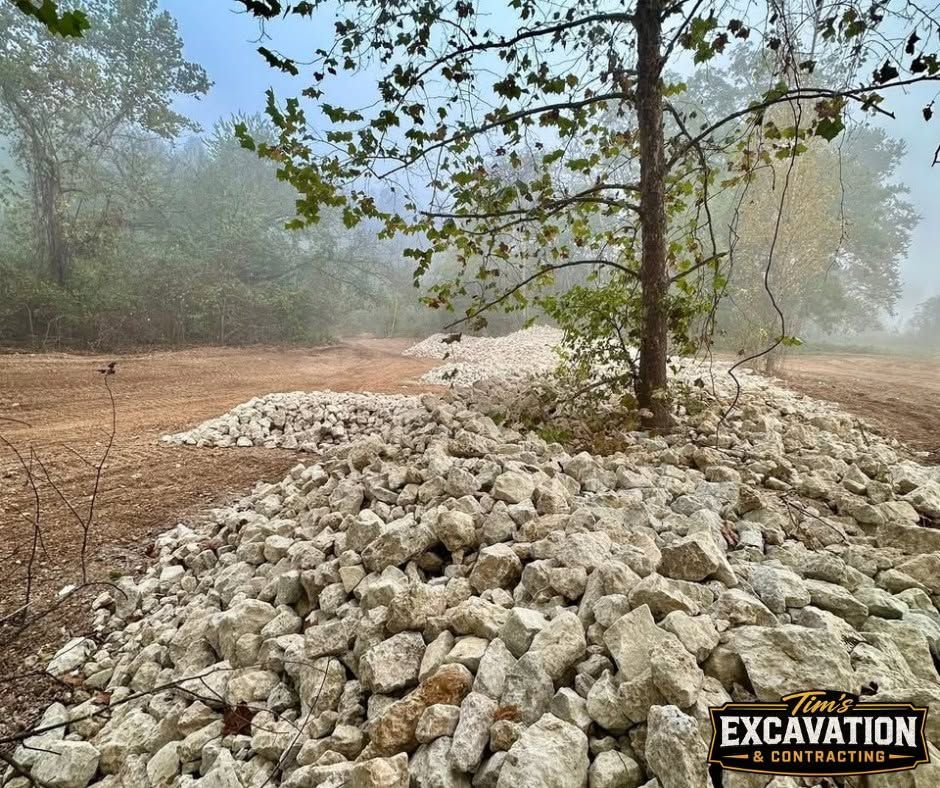 Foggy dirt road with piles of white rocks and a small tree in the foreground
