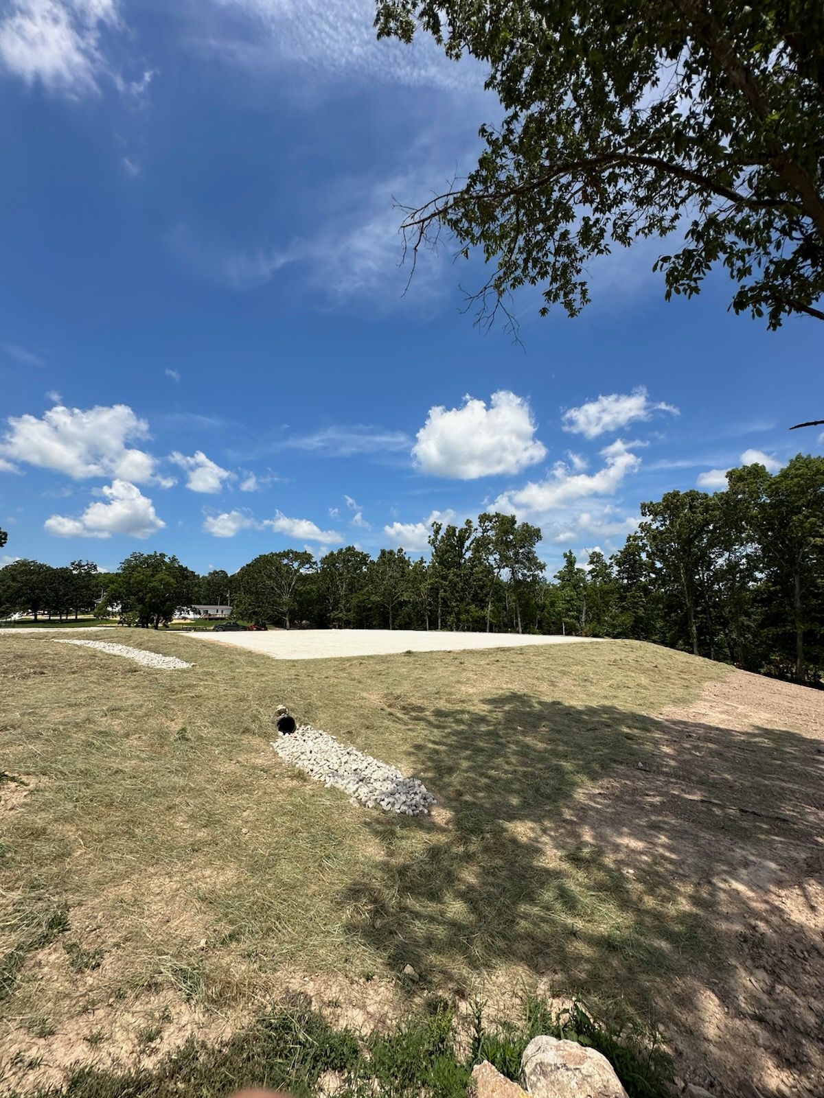 Open grassy park under a blue sky with clouds and trees in the distance