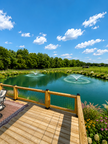 Wooden deck overlooking a turquoise pond with spraying fountains under a bright blue sky