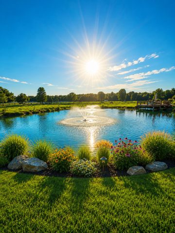 Sunny pond with bright sun reflection, blue sky, grassy shore, flowers, and rocks in a landscaped park