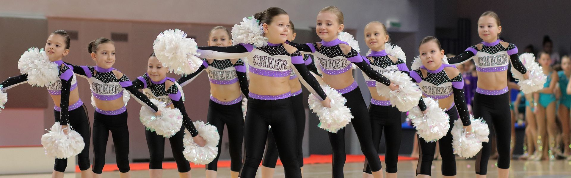 A group of cheerleaders are standing in a row holding pom poms.