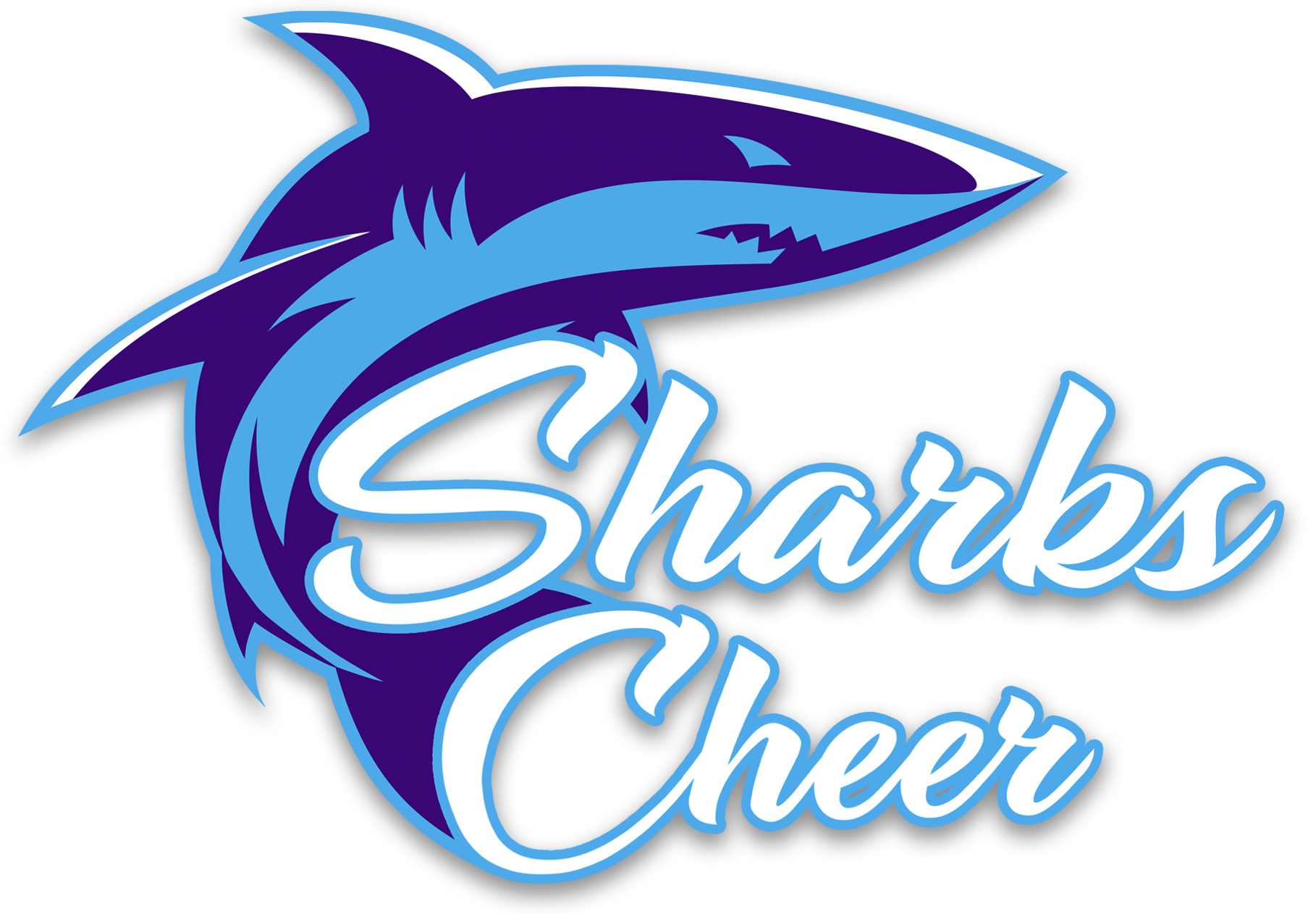 A logo for sharks cheer with a shark on it