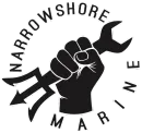 A black and white logo featuring a hand holding a combination wrench shaped like a trident, encircled by the text "NARROWSHORE MARINE."