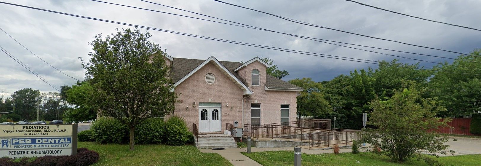 A pink house is surrounded by trees and power lines on a cloudy day.