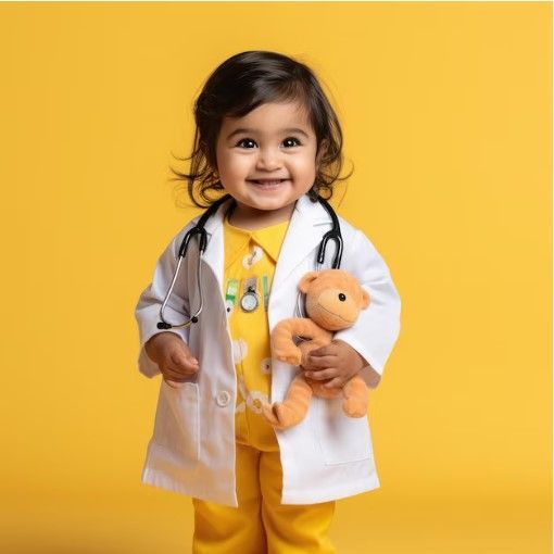 A little girl is dressed up as a pediatrician doctor