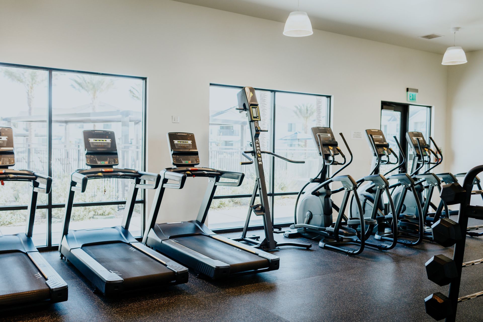 A gym with treadmills , ellipticals , and a dumbbell rack.