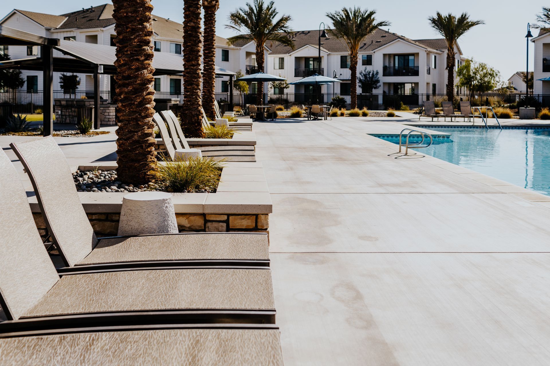 A row of lounge chairs are lined up next to a swimming pool.