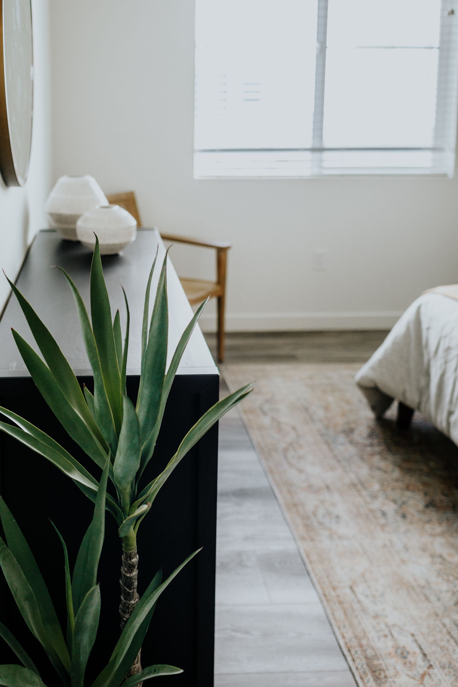 A plant is sitting on a table in a bedroom next to a bed.