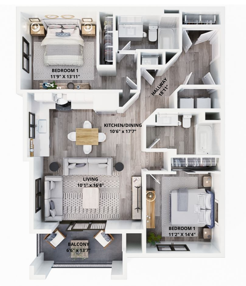 A 3d floor plan of a house with a bedroom , living room , and kitchen.