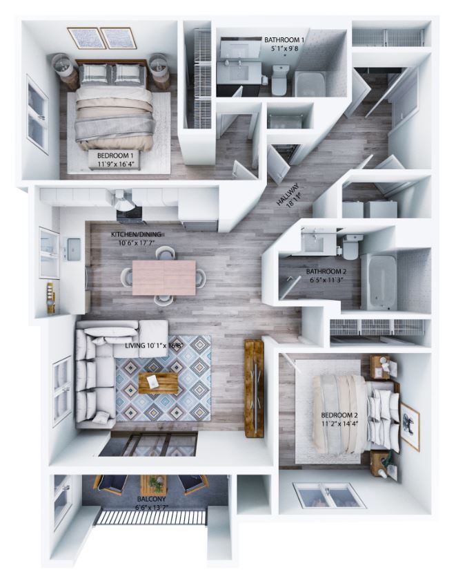 A 3d floor plan of a house with a couch , table , and chairs.