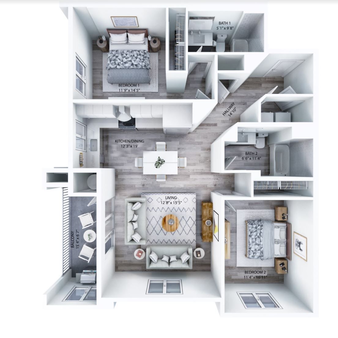 A 3d floor plan of a house with a bedroom and a living room