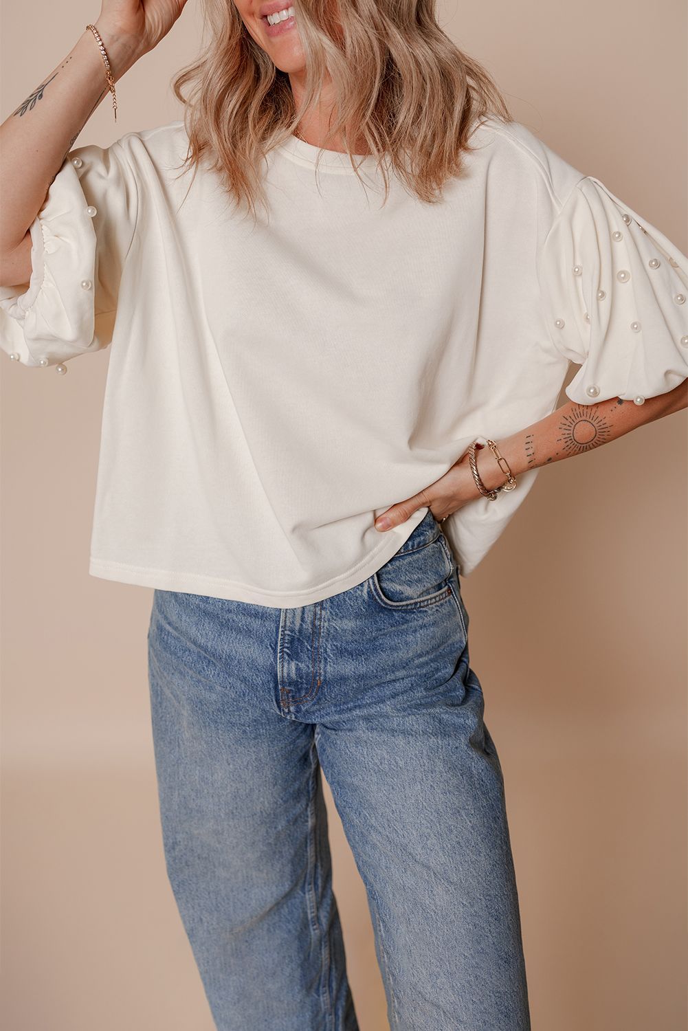 White Pearled Puff Sleeve Top