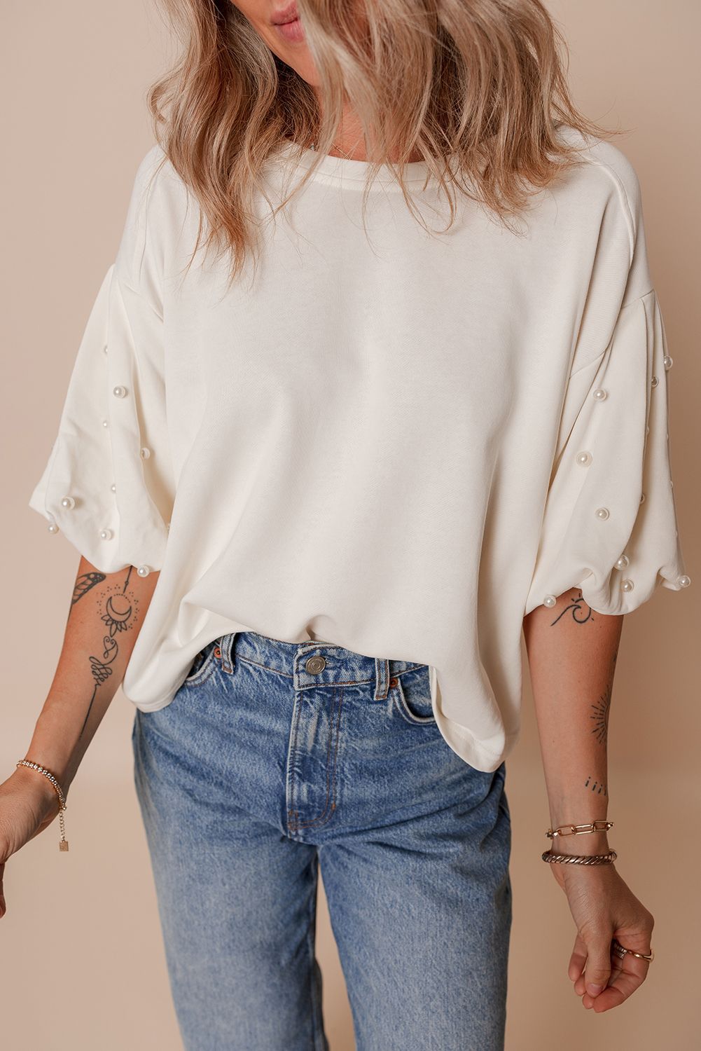 White Pearled Puff Sleeve Top
