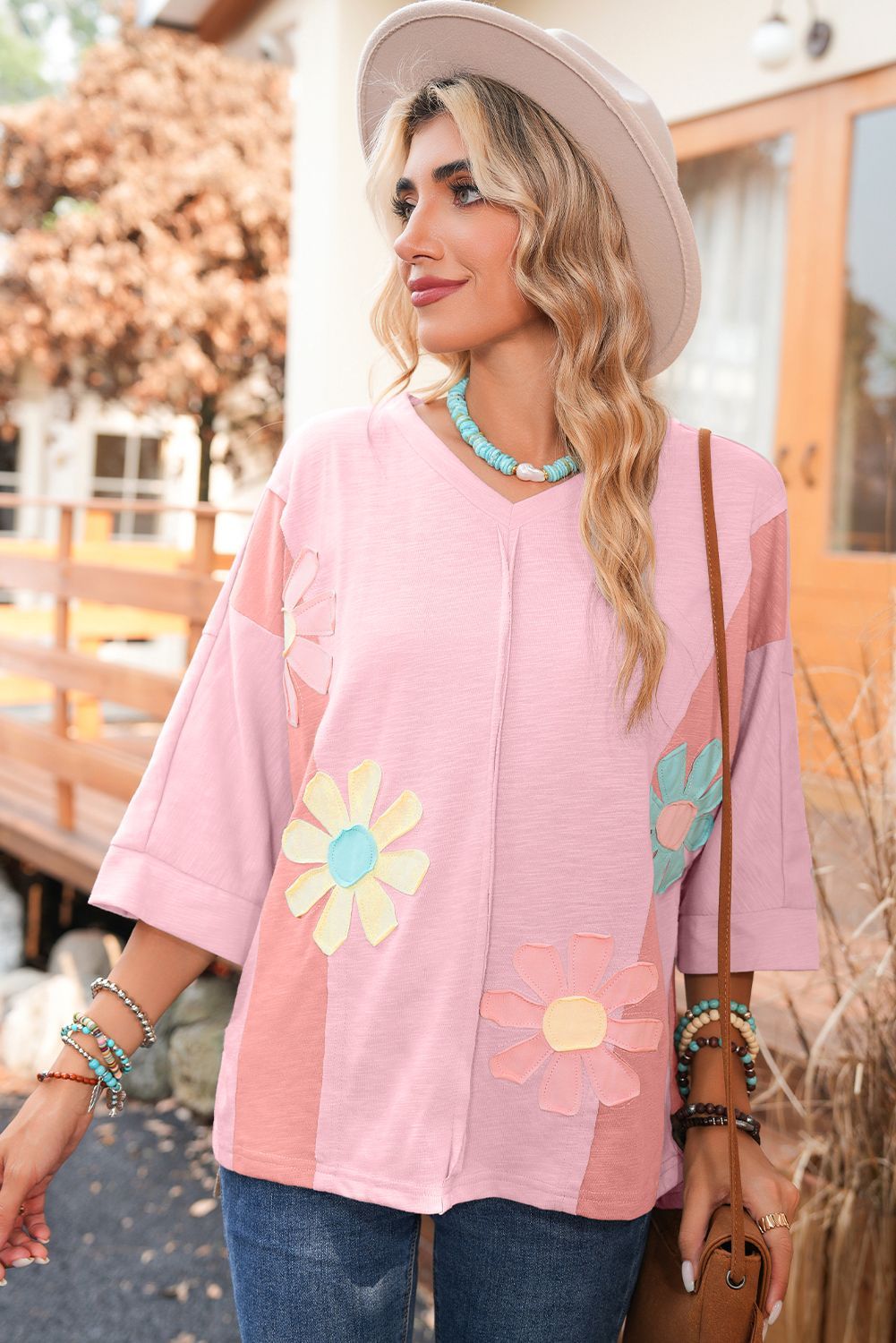 Pink Flower Patched 3/4 Sleeve top
