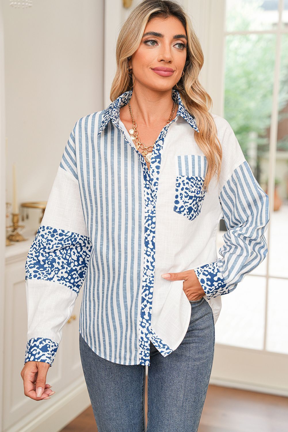 Sky Blue Leopard Striped Shirt