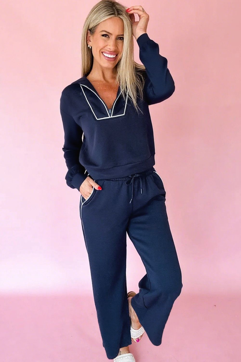 Navy Blue Contrast Piping Zipped Pullover Cropped Pants Set