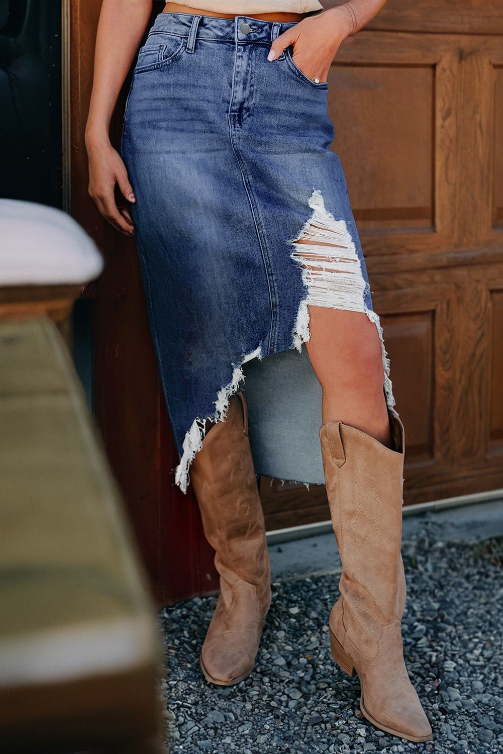 Distressed Hem Denim Midi Skirt