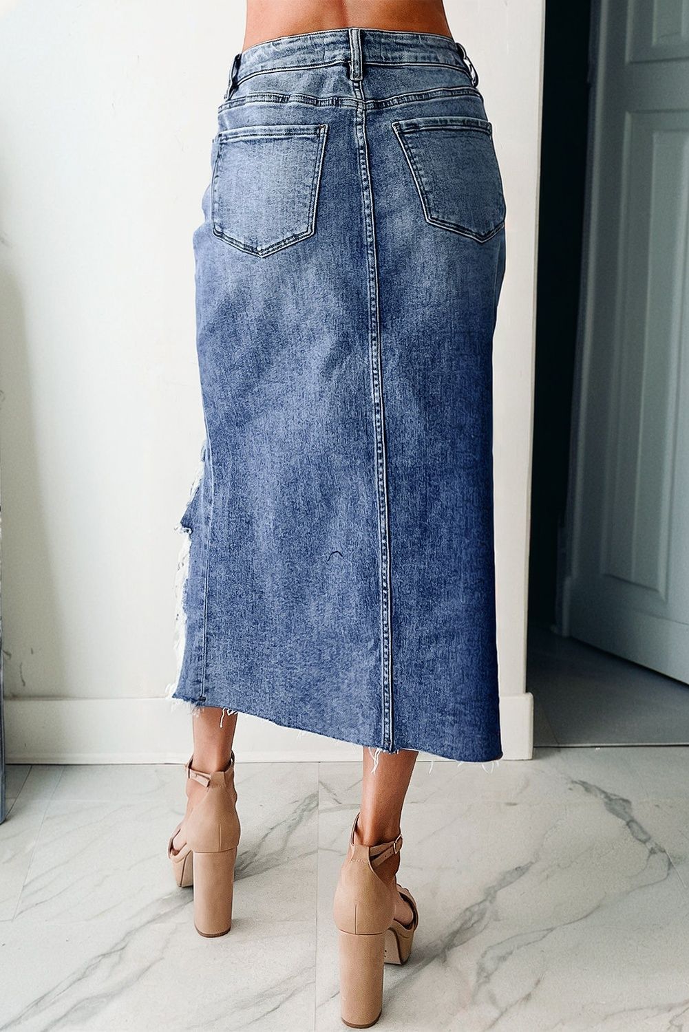 Distressed Hem Denim Midi Skirt