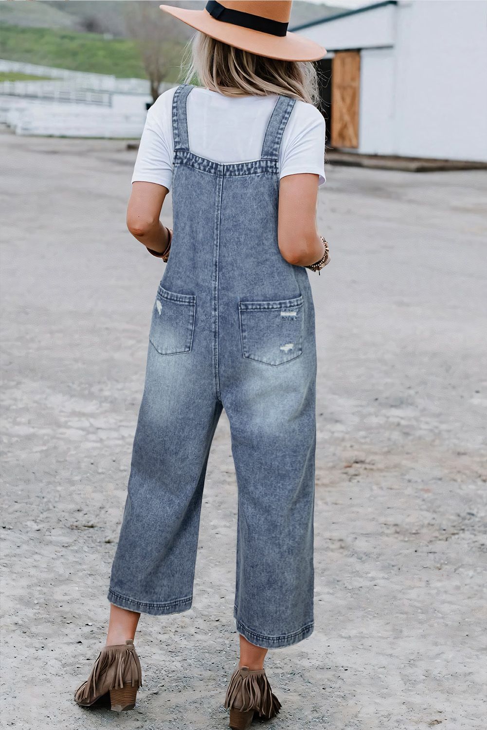 Stone Blue Distressed Wide Leg Denim Overall