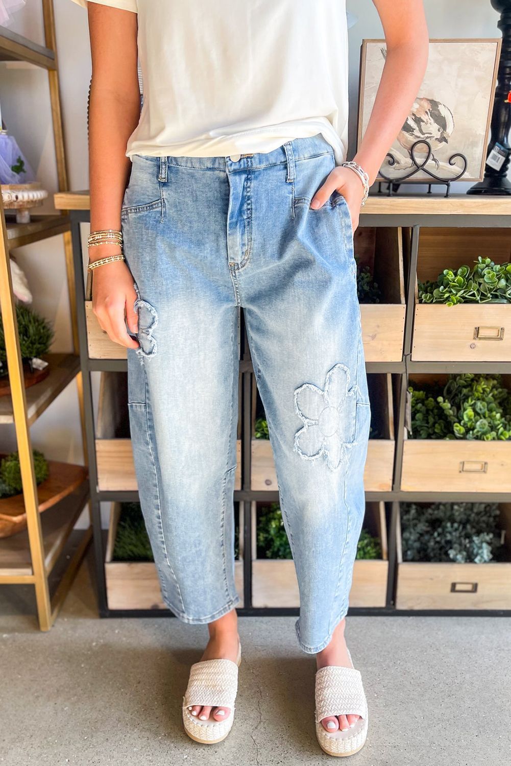 Blue Light Wash Floral High Waist Jeans