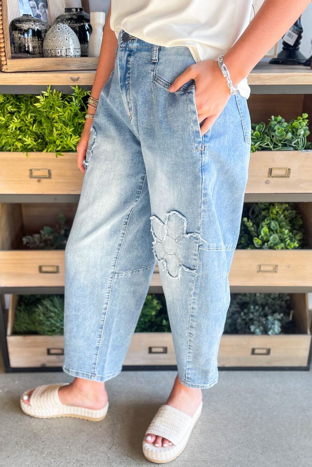 Blue Light Wash Floral High Waist Jeans