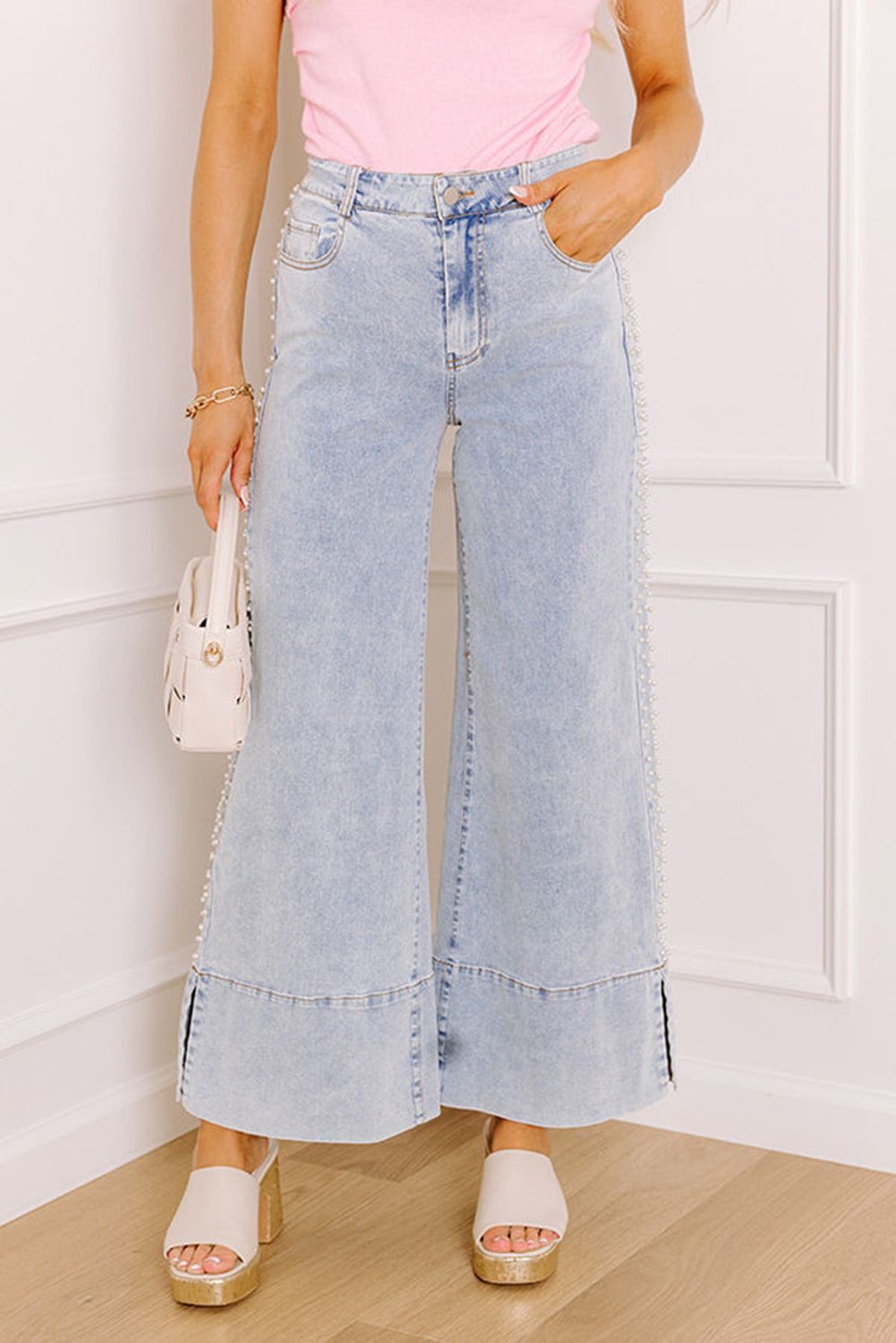Beau Blue Mid Rise Pearl Embellished Wide Leg Jeans
