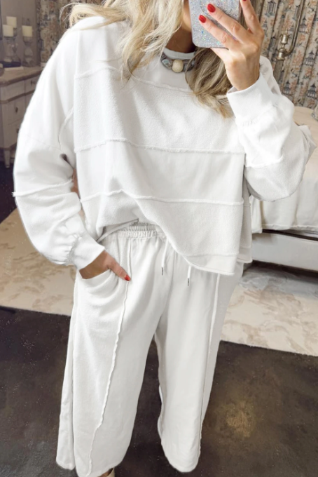 White Textured Pullover Top and Drawstring Pants Set