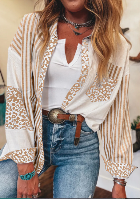 Khaki Leopard Striped Button-up Shirt Shacket