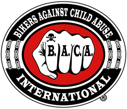 Logo for Bikers Against Child Abuse International, a clenched fist with "B.A.C.A." and skull icon.