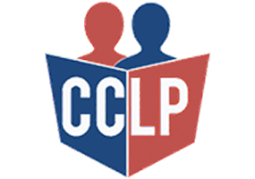 Logo: Two silhouetted figures behind an open book. "CCLP" in white letters. Red and blue colors.