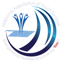 Logo: Oklahoma Association of Youth Services. Blue stylized figures, state outline, and swooshes.