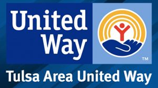 United Way logo with text and hand holding figure inside a sun shape, "Tulsa Area United Way" below.