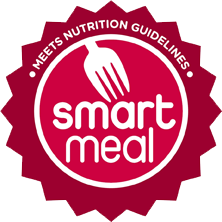 Smart meal logo: Red circle with white fork and text