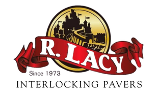 A logo for r. lacy interlocking pavers with a castle in the background