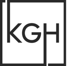 A black and white logo for a company called kgh.