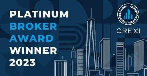 Platinum Broker Award Winner 2023 with CREXI logo and a stylized city skyline in blue and white.