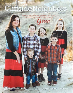 Family portrait on a magazine cover; woman with five children posing outdoors. Text: Cliffside Neighbors, Green family.