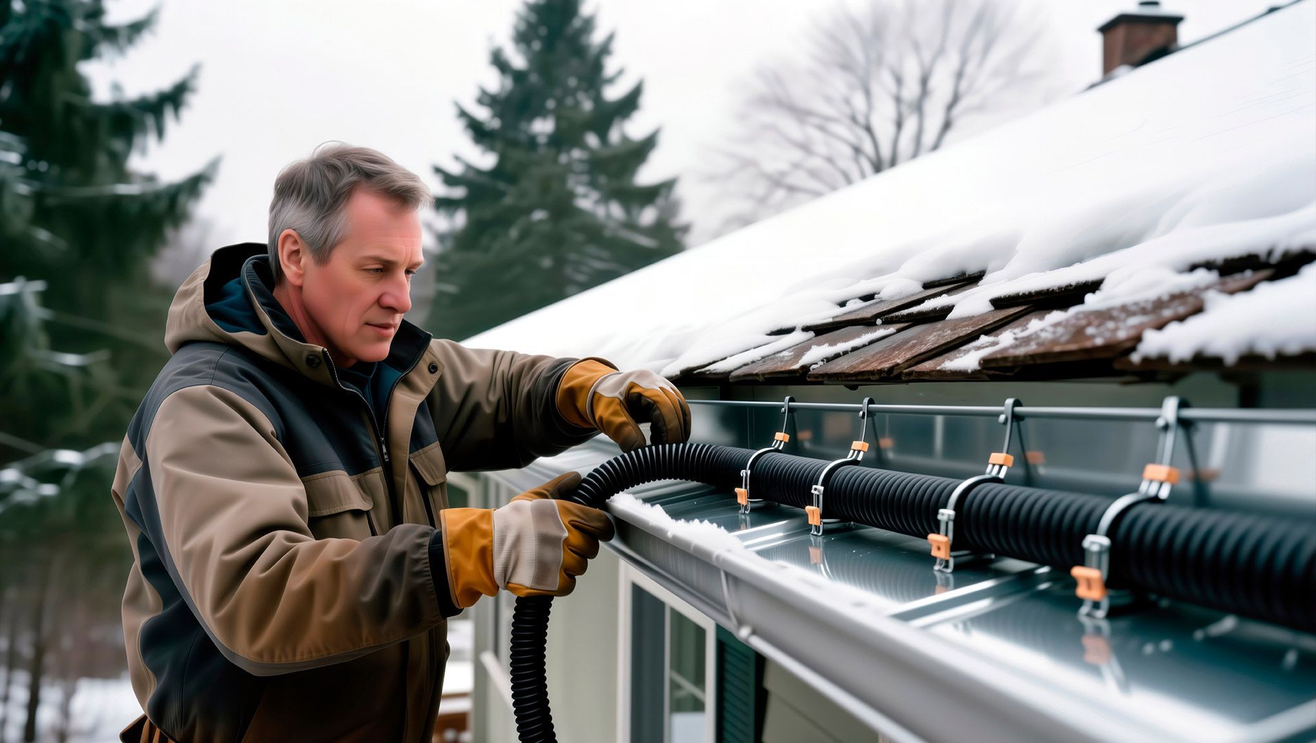 Man installing black heating cable in a roof gutter with snow, wearing gloves and winter jacket.