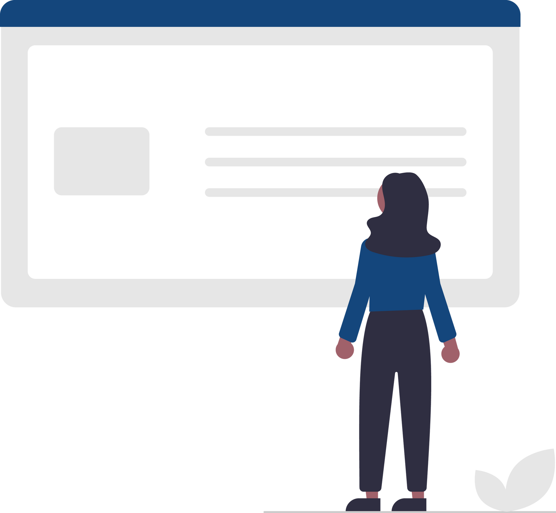 Woman looking at a screen with content, blue top, black pants, white background.