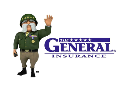 The General Insurance logo: cartoon general waving, beside the company name in blue.