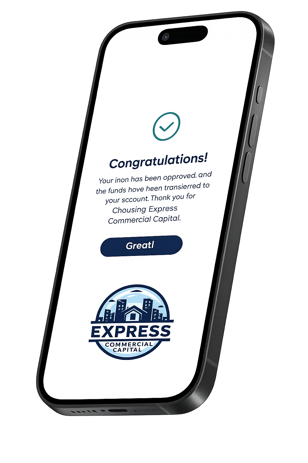 Phone screen showing a “Congratulations!” message and an “EXPRESS” logo on a white background