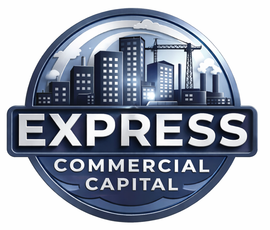 Express Commercial Capital logo with blue city skyline and house icon inside a circular emblem