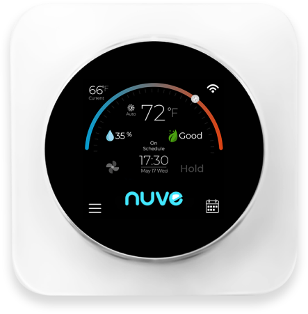 Smart thermostat with digital display showing temperature, humidity, and schedule details.